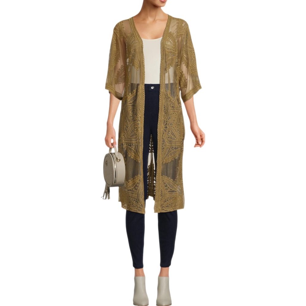 Ethereal Olive Green Lace Layering Piece Long Line Cardigan S/M Romantic Boho